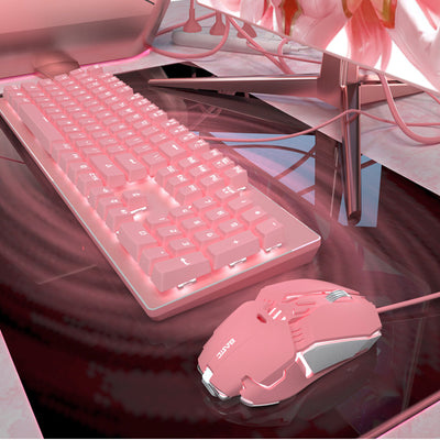 Girls Cute Pink Real Mechanical Keyboard And Mouse Set 